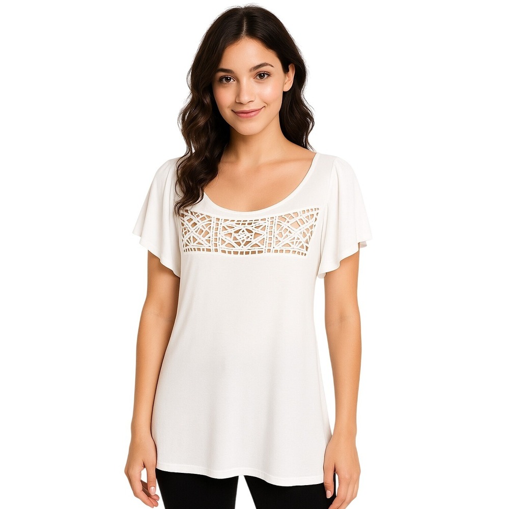 BCBGMAXAZRIA Top‎ Large White Flared Short Sleeve Geometric Cutout Modern Chic